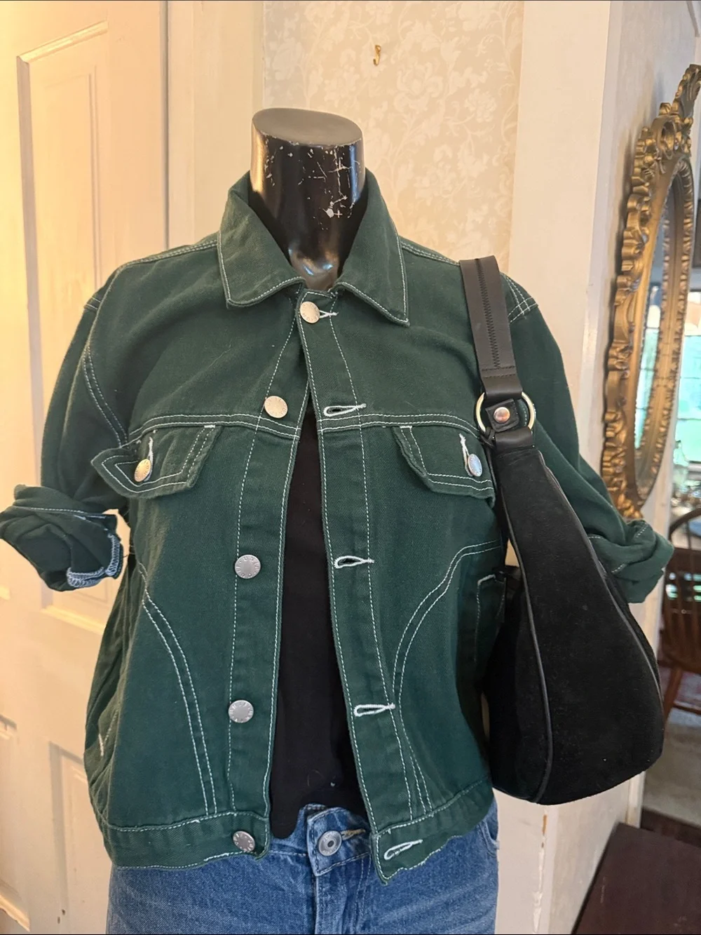 UNIF Green Denim Jacket Contrast White Topstitching Silver-Tone Buttons Small